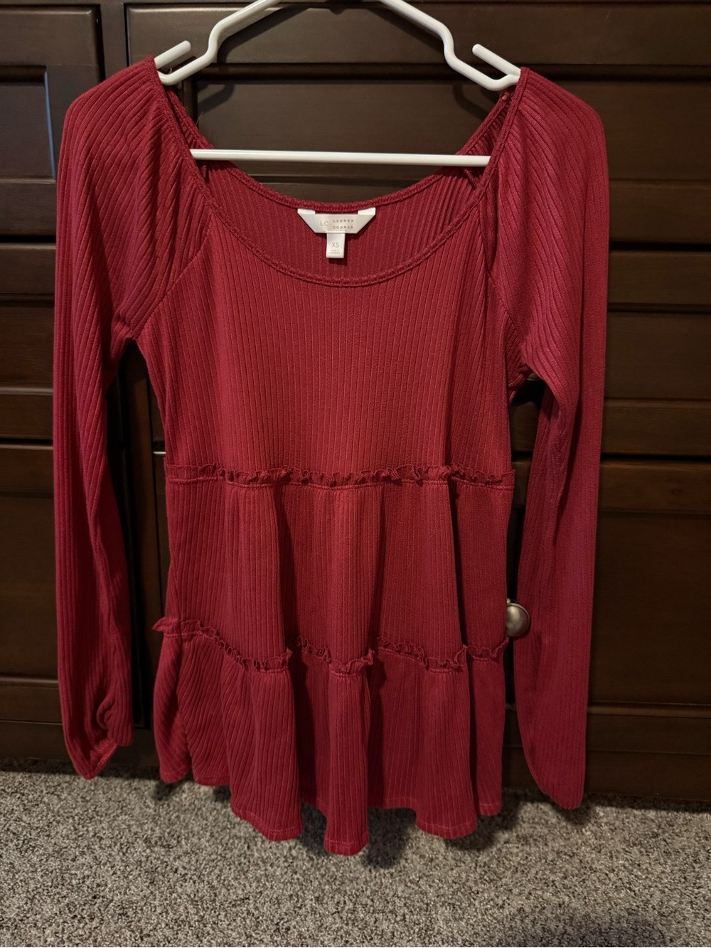 LC Lauren Conrad Ribbed Tiered Long Sleeve Top - Wine